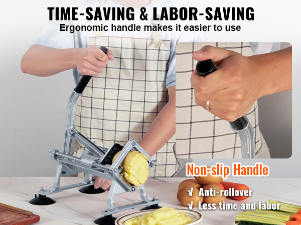 person using VEVOR french fry cutter with non-slip handle to cut potatoes and carrots, ergonomic design.
