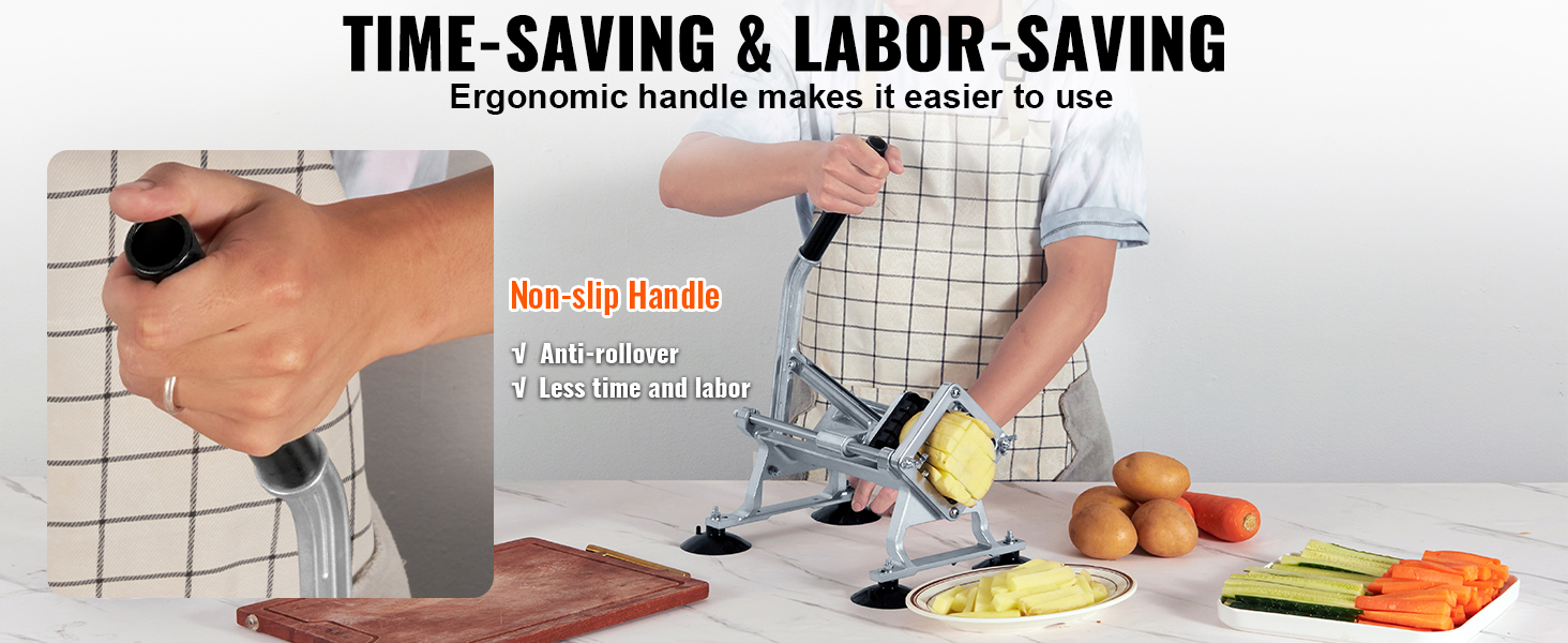 person using VEVOR french fry cutter with non-slip handle to cut potatoes and carrots, ergonomic design.