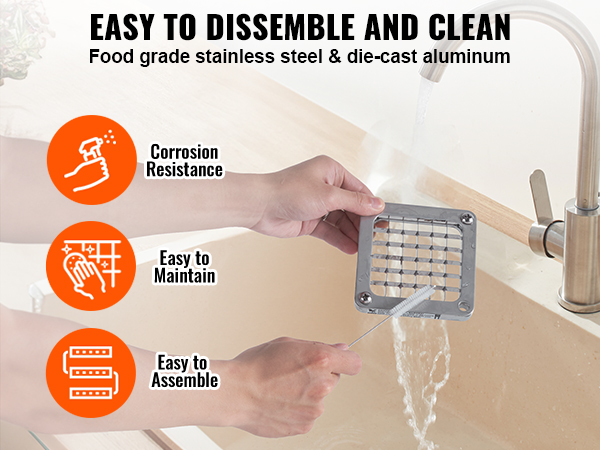 man cleaning VEVOR french fry cutter blade under a faucet, showcasing corrosion resistance and ease of assembly.