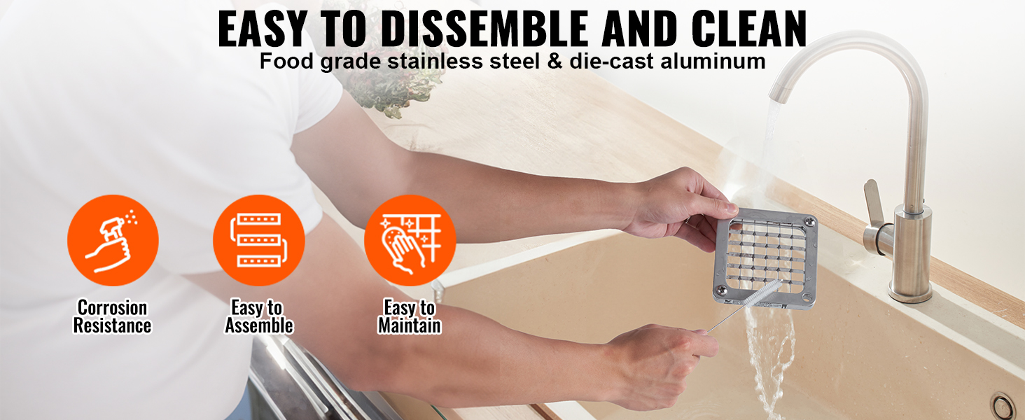 man cleaning VEVOR french fry cutter blade under a faucet, showcasing corrosion resistance and ease of assembly.