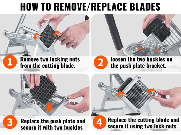 how to replace blades on the VEVOR french fry cutter with step-by-step visual guide.