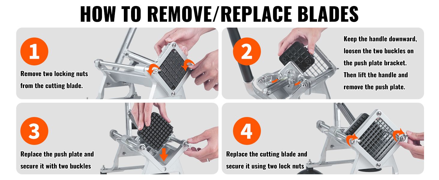 how to replace blades on the VEVOR french fry cutter with step-by-step visual guide.