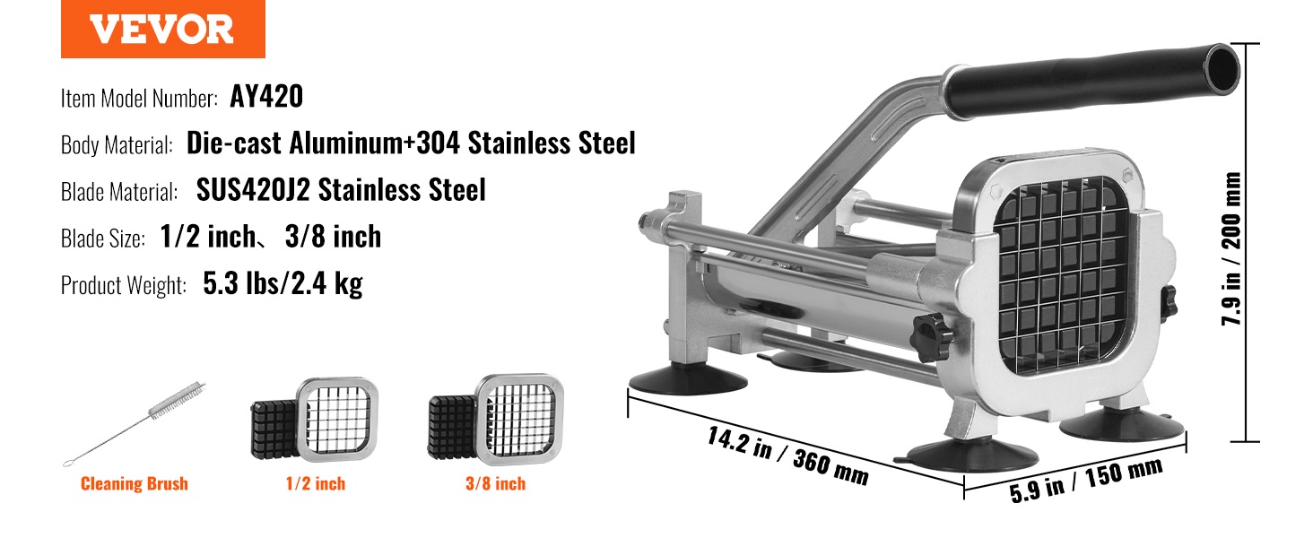 VEVOR french fry cutter ay420, die-cast aluminum, sus420j2 stainless steel blades, 1/2 inch and 3/8 inch.