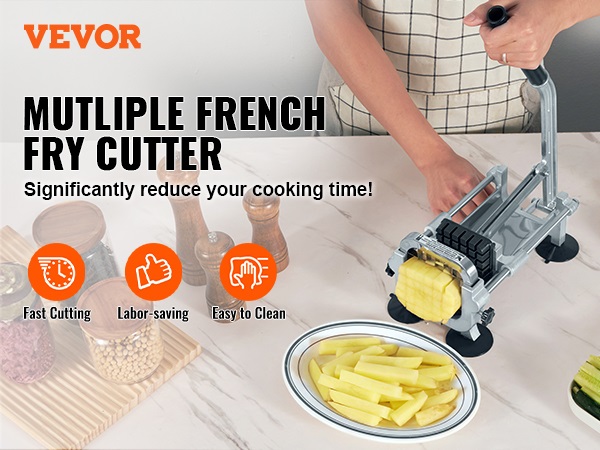 VEVOR french fry cutter on a kitchen counter with sliced potatoes, pepper mills, and vegetables.