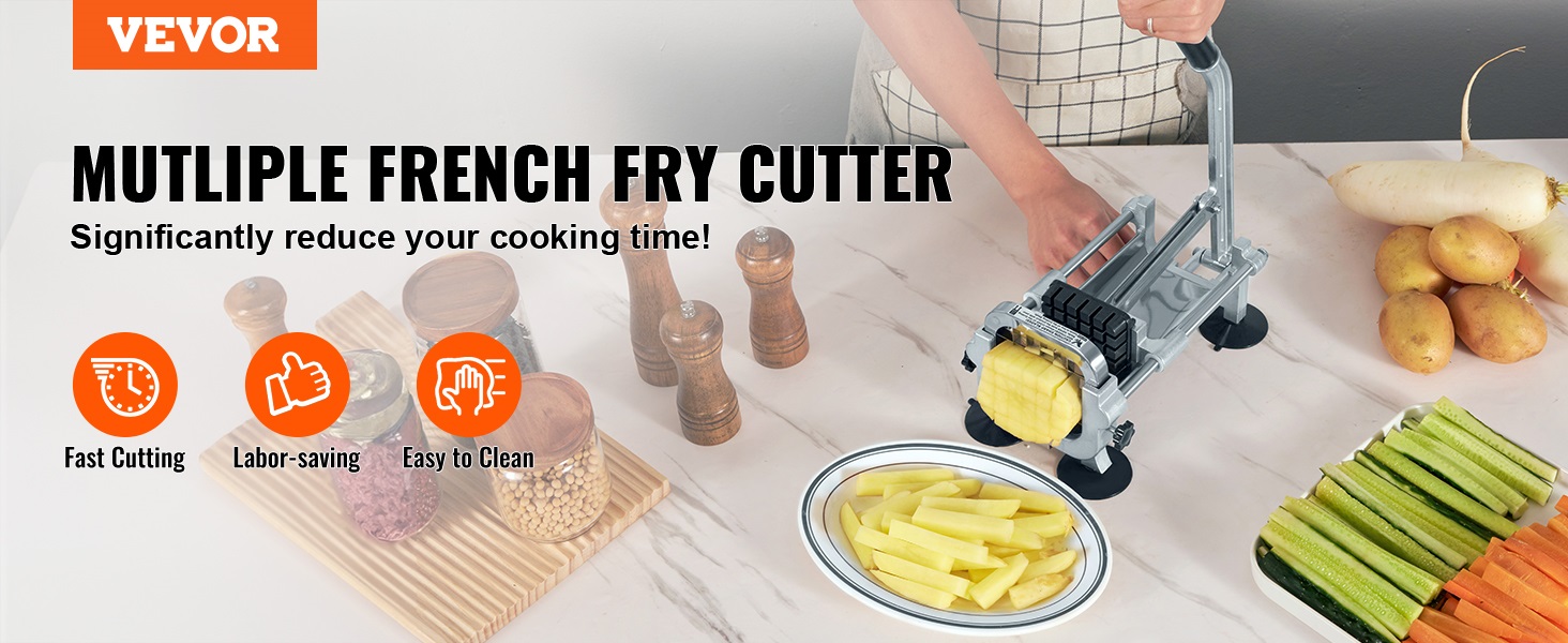 VEVOR french fry cutter on a kitchen counter with sliced potatoes, pepper mills, and vegetables.