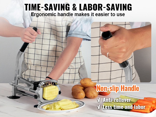 person using VEVOR french fry cutter with ergonomic handle for effortless potato slicing; veg platters nearby.