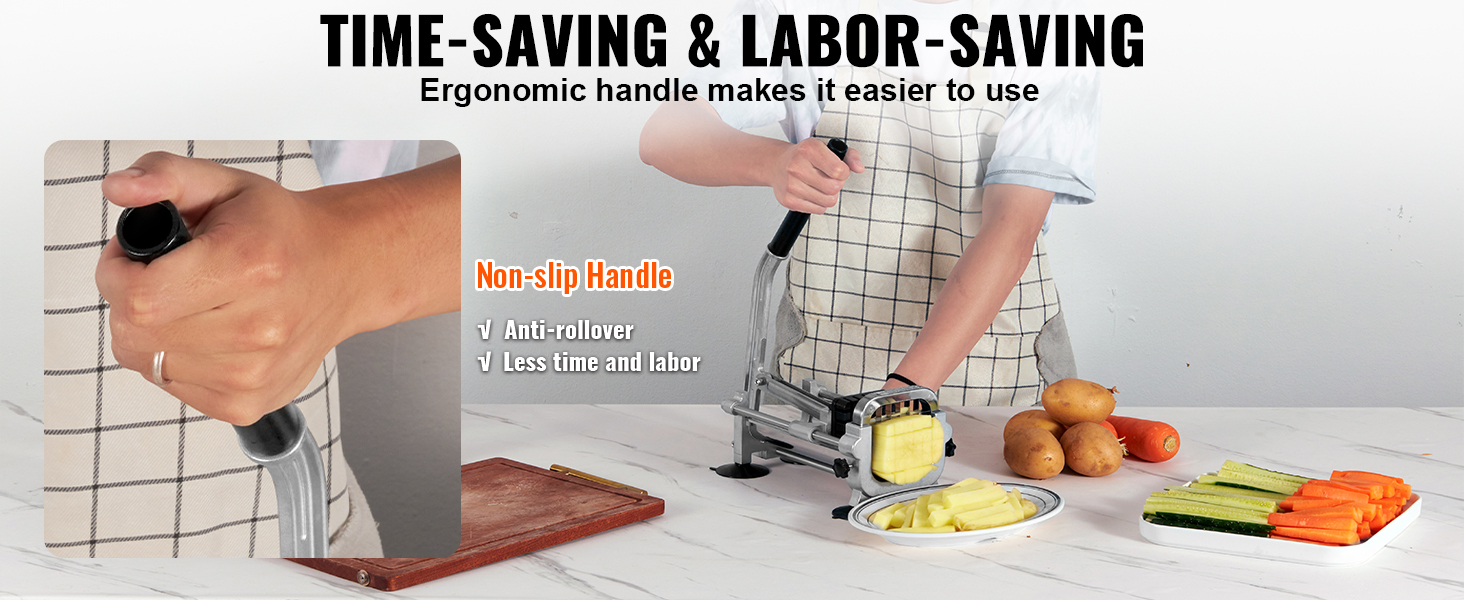 person using VEVOR french fry cutter with ergonomic handle for effortless potato slicing; veg platters nearby.
