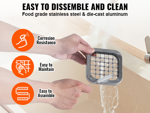 washing VEVOR french fry cutter blade under faucet, highlighting corrosion resistance and easy maintenance.