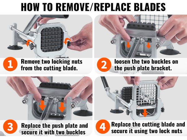 VEVOR french fry cutter blade replacement guide with steps 1-4 using locking nuts and push plate.