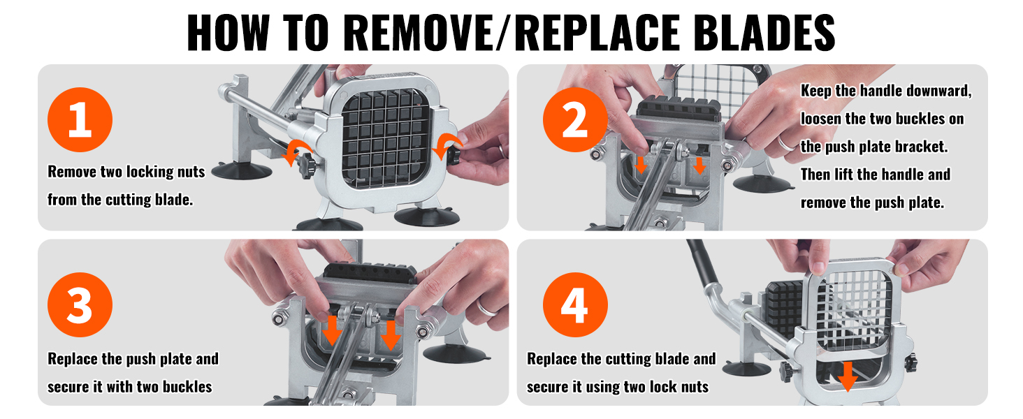 VEVOR french fry cutter blade replacement guide with steps 1-4 using locking nuts and push plate.