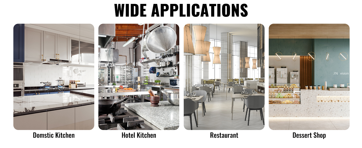 wide applications of VEVOR french fry cutter in domestic kitchen, hotel kitchen, restaurant, dessert shop.
