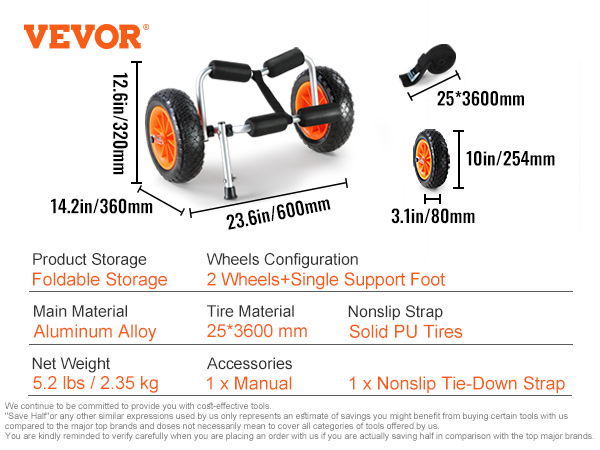 VEVOR kayak cart with foldable aluminum frame, 10-inch pu tires, nonslip strap, and manual included.