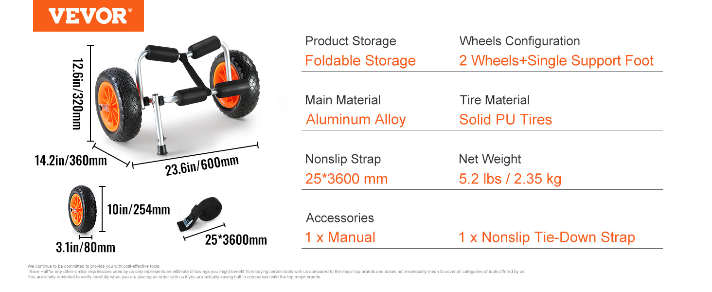 VEVOR kayak cart with foldable aluminum frame, 10-inch pu tires, nonslip strap, and manual included.