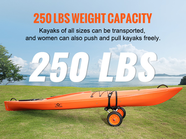bright orange kayak on VEVOR kayak cart, 250 lbs weight capacity, grassy field with water in background.