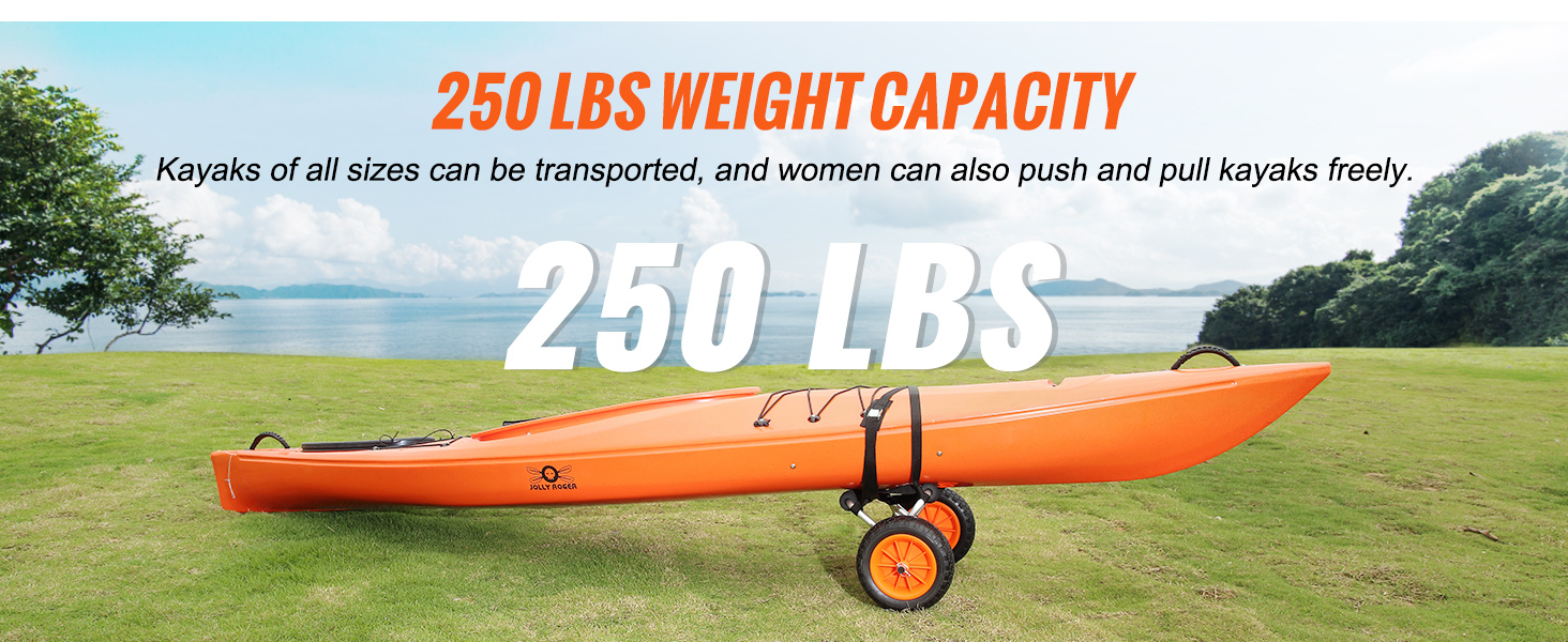 bright orange kayak on VEVOR kayak cart, 250 lbs weight capacity, grassy field with water in background.