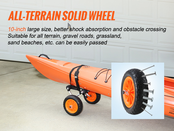 orange kayak on the VEVOR kayak cart with 10-inch all-terrain wheels for easy transport.
