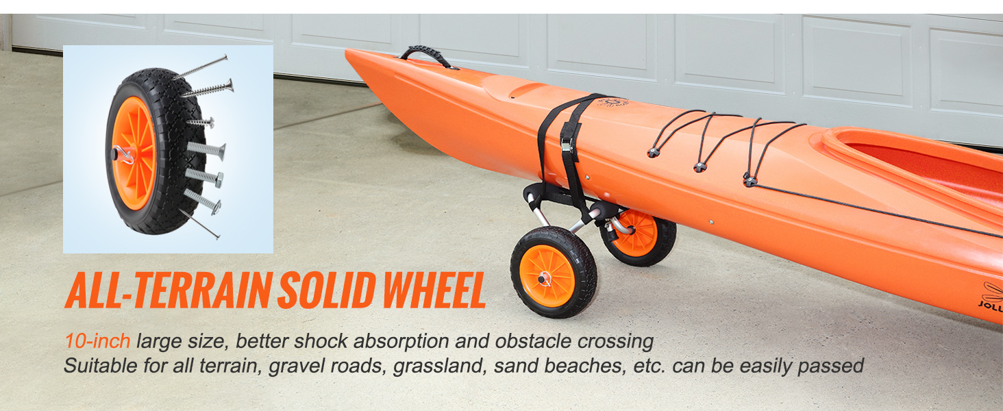 orange kayak on the VEVOR kayak cart with 10-inch all-terrain wheels for easy transport.