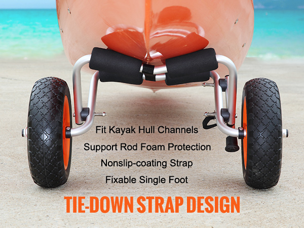 VEVOR kayak cart with tie-down strap design, nonslip-coating strap, and foam protection on wheels.