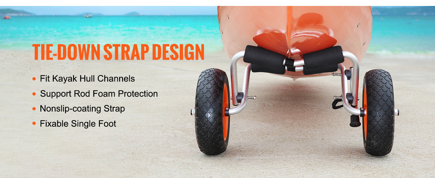 VEVOR kayak cart with tie-down strap design, nonslip-coating strap, and foam protection on wheels.