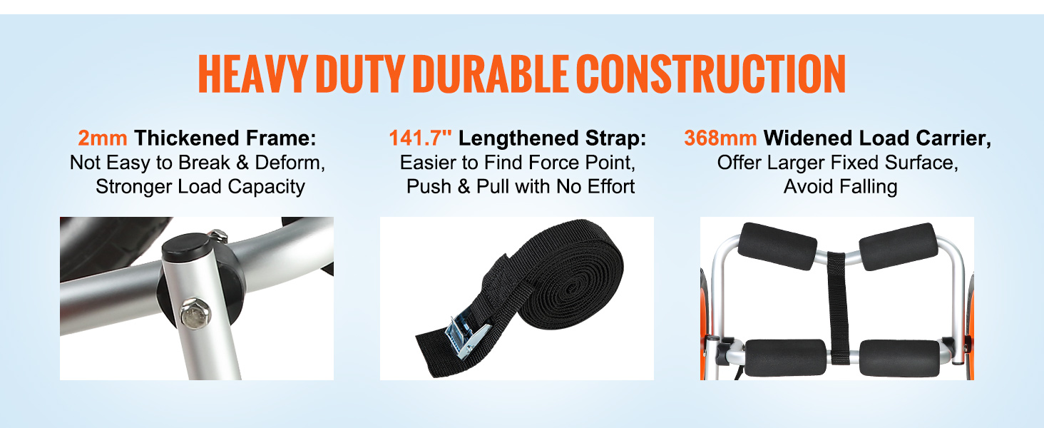 heavy duty durable construction: VEVOR kayak cart features 2mm frame, 141.7" strap, 368mm load carrier.