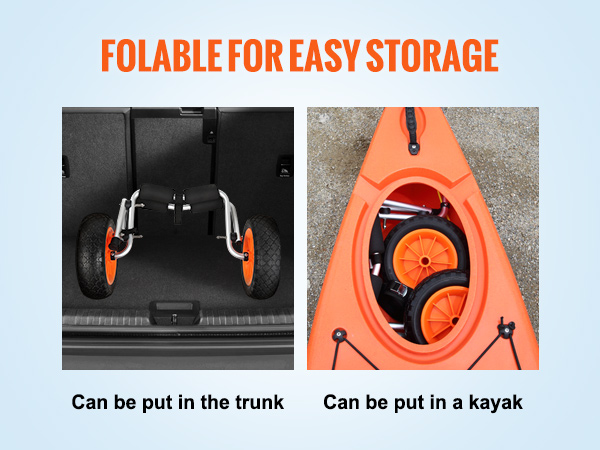 foldable VEVOR kayak cart fits in trunk and within kayak for easy storage.