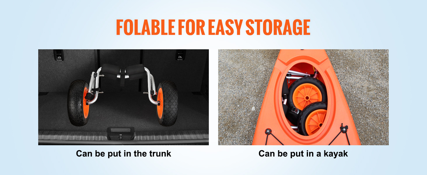 foldable VEVOR kayak cart fits in trunk and within kayak for easy storage.