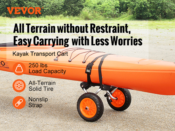VEVOR kayak cart with all-terrain solid tires and nonslip strap, suitable for 250 lbs load capacity.