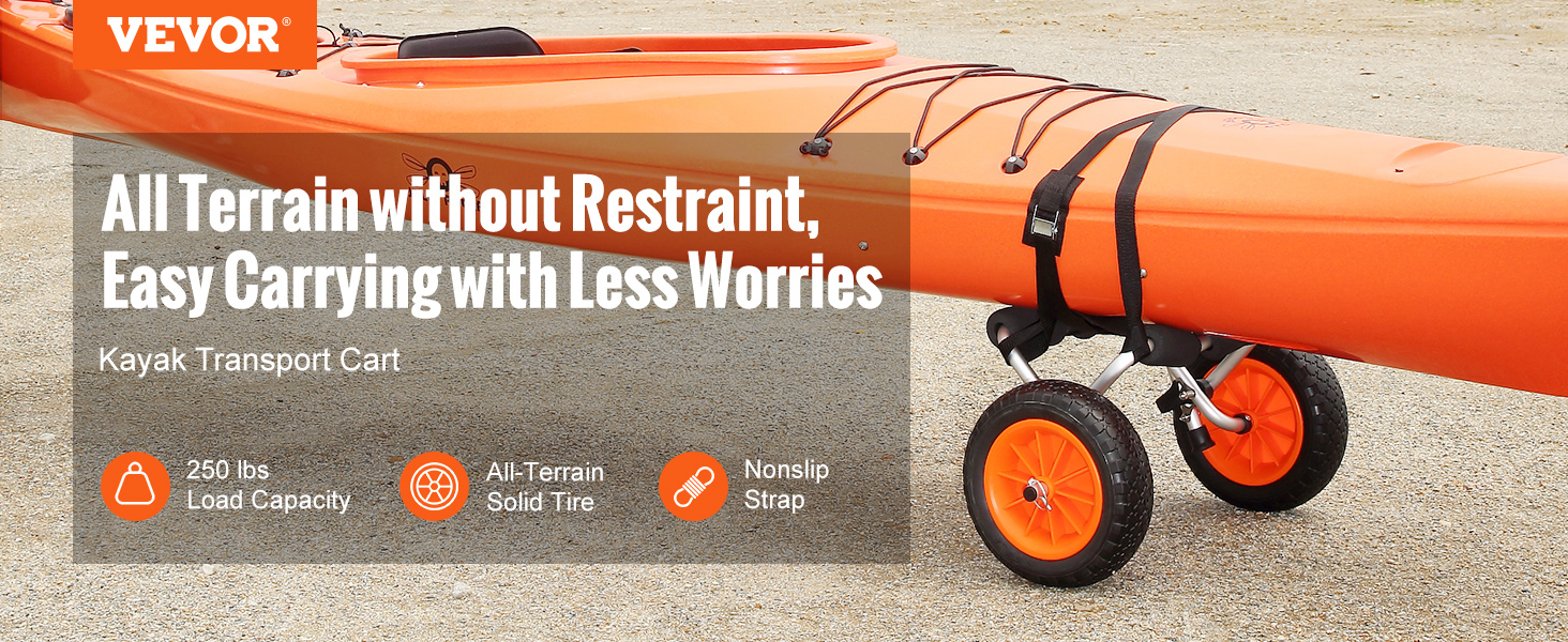 VEVOR kayak cart with all-terrain solid tires and nonslip strap, suitable for 250 lbs load capacity.