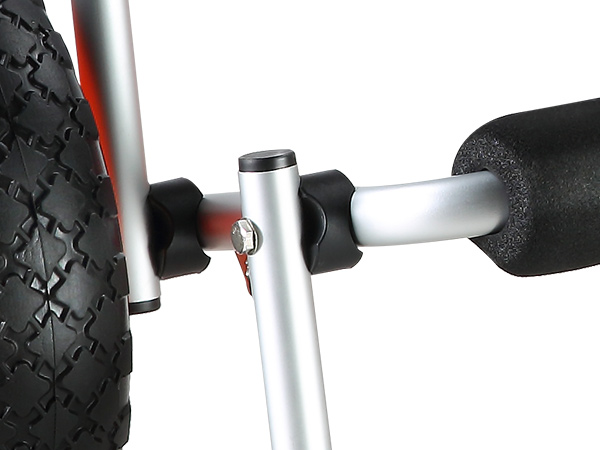 close-up of VEVOR kayak cart showing rugged wheel and robust metal frame with foam padding for support.