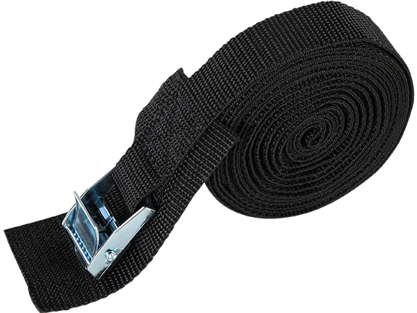 black strap with metal buckle, rolled up neatly, used for securing items on VEVOR kayak cart.