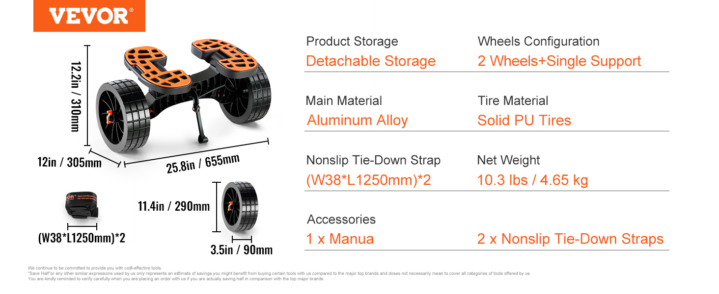 VEVOR heavy duty kayak cart with detachable storage, aluminum alloy frame, and solid pu tires.