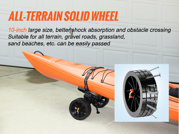 orange kayak on VEVOR heavy duty kayak cart with 10-inch all-terrain wheels on concrete floor.