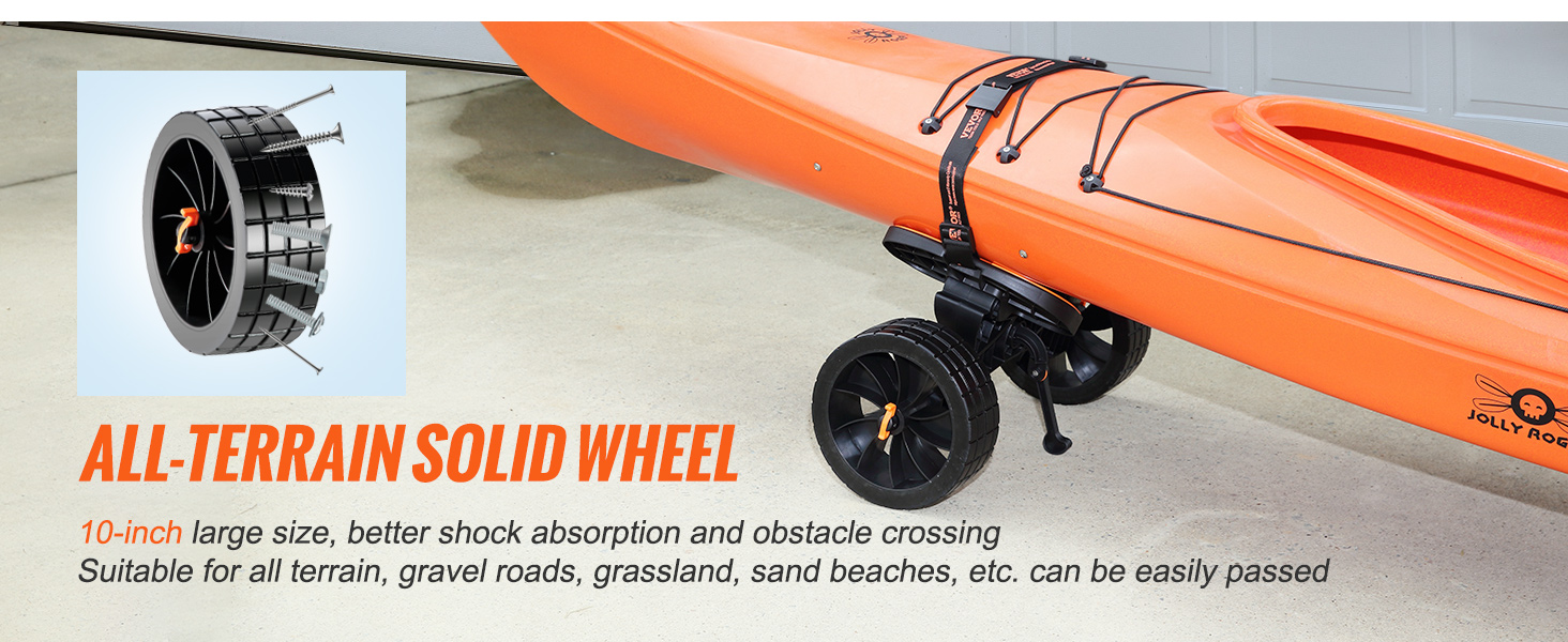 orange kayak on VEVOR heavy duty kayak cart with 10-inch all-terrain wheels on concrete floor.