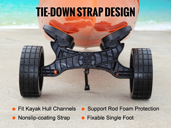 VEVOR heavy duty kayak cart with nonslip-coating strap and fixable single foot on beach.