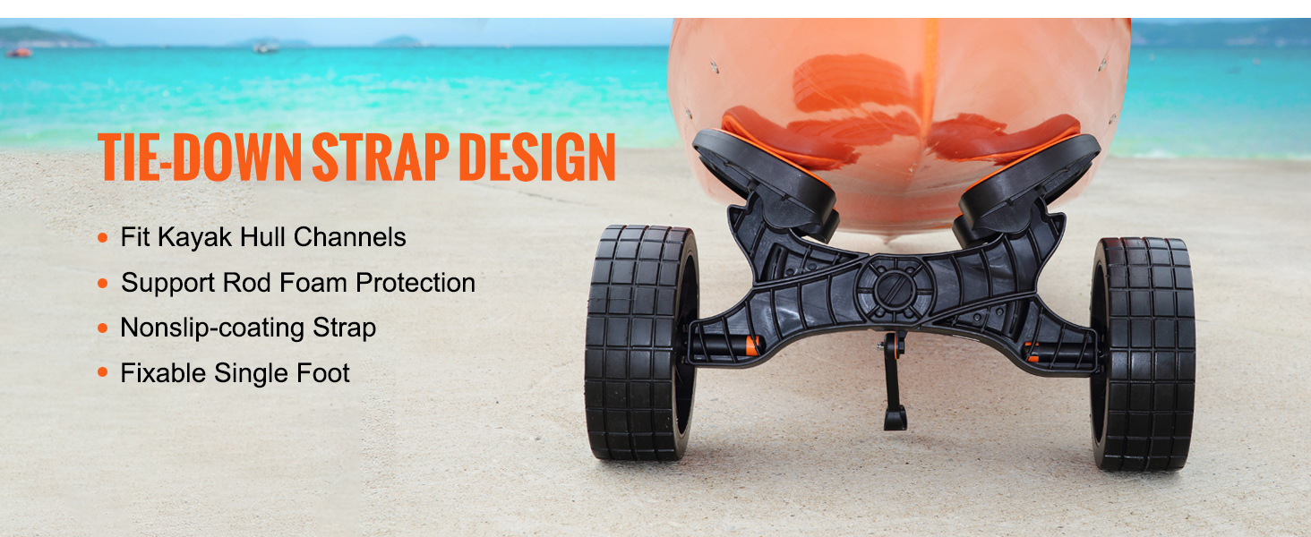 VEVOR heavy duty kayak cart with nonslip-coating strap and fixable single foot on beach.