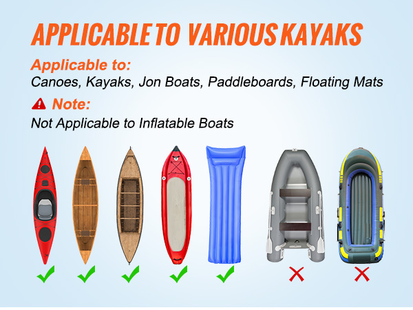 VEVOR heavy duty kayak cart applies to canoes, kayaks, jon boats, paddleboards, and floating mats.