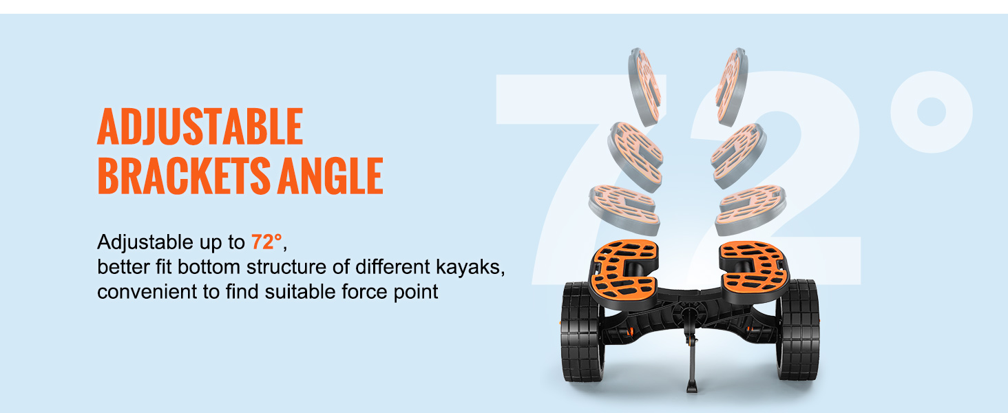 VEVOR heavy duty kayak cart with adjustable brackets angle up to 72° for better kayak support.