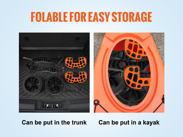 VEVOR heavy duty kayak cart components fitting in a car trunk and kayak for easy storage.