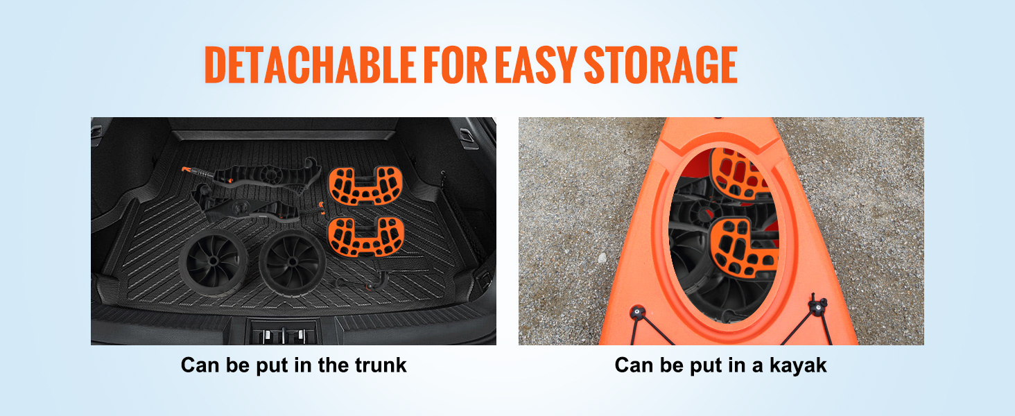 VEVOR heavy duty kayak cart components fitting in a car trunk and kayak for easy storage.