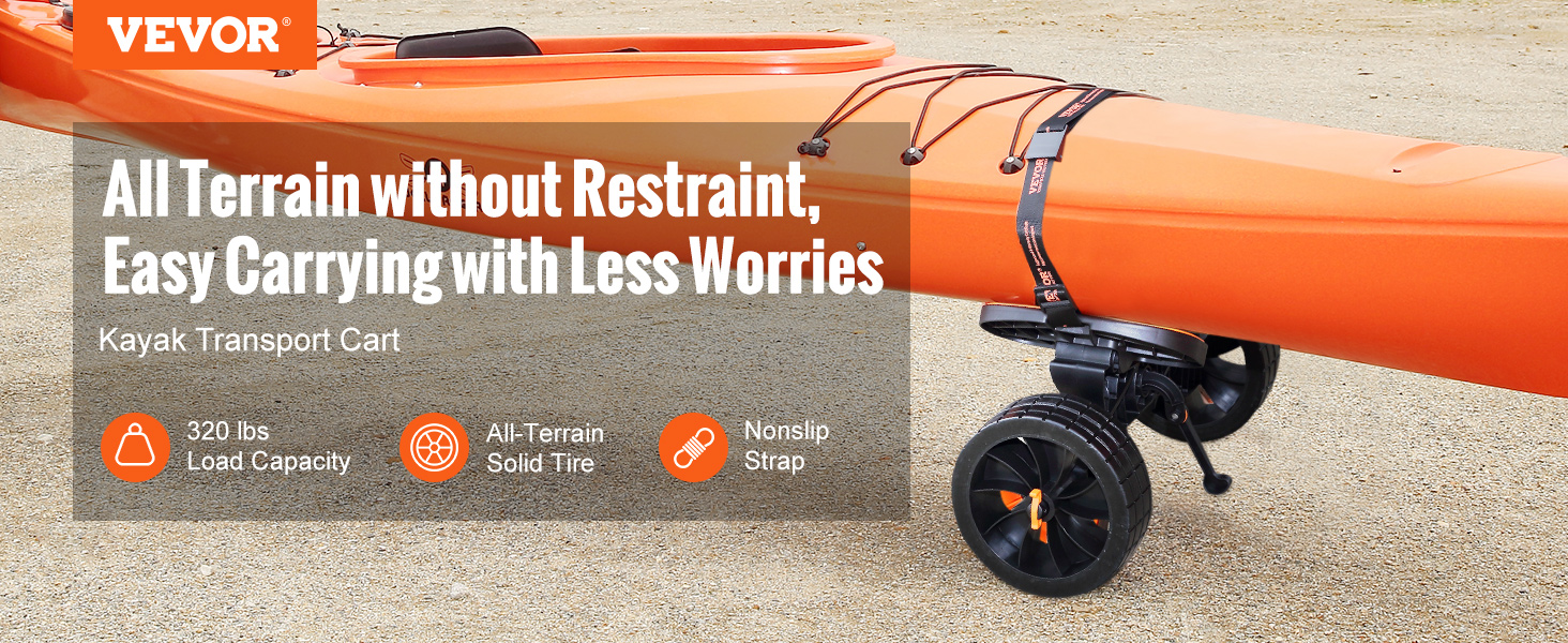 VEVOR heavy duty kayak cart with nonslip strap, solid tires, and 320 lbs load capacity.