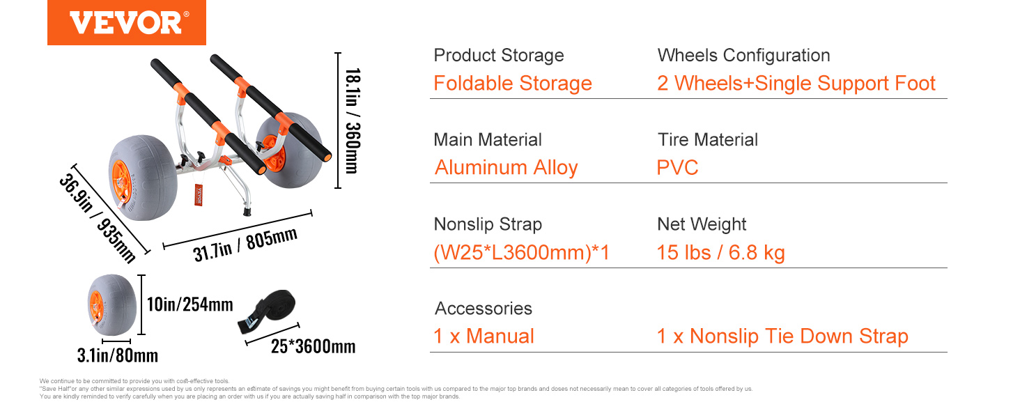 VEVOR heavy duty kayak cart with foldable storage, aluminum alloy frame, and pvc tires.