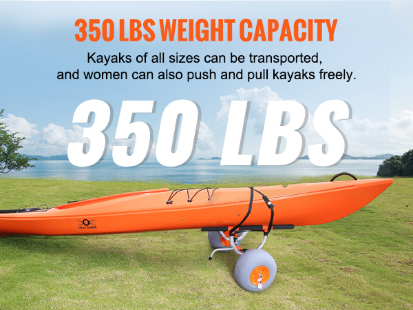 VEVOR izturīgais kajaku ratiņi ar celtspēju 157 kg, kas paredzēti oranža kajaka pārvadāšanai pa zāļainu lauku.