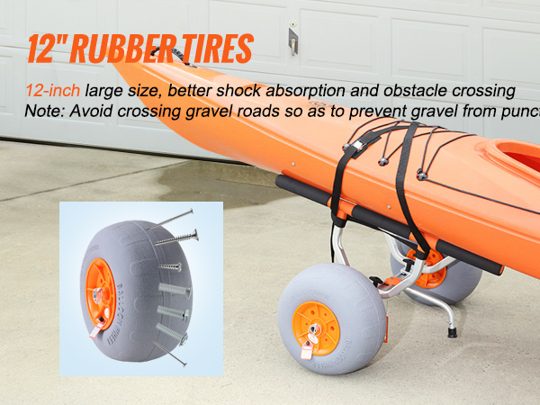 12 collu VEVOR izturīga kajaka ratiņu gumijas riepas, kas paredzētas triecienu absorbēšanai un šķēršļu pārvarēšanai.