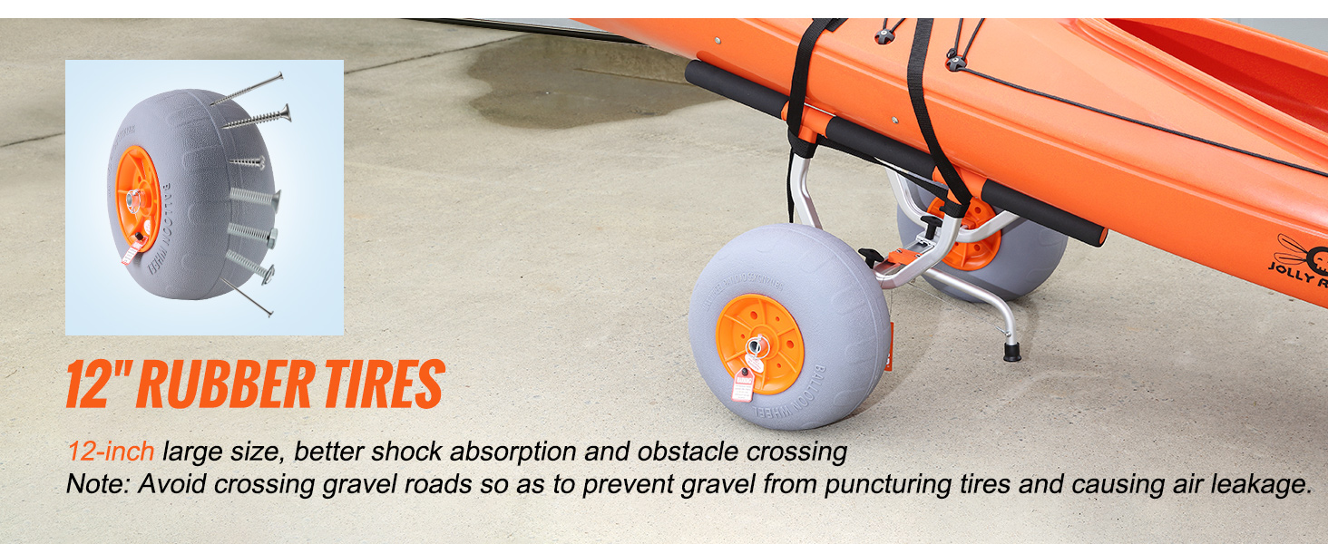 12 collu VEVOR izturīga kajaka ratiņu gumijas riepas, kas paredzētas triecienu absorbēšanai un šķēršļu pārvarēšanai.