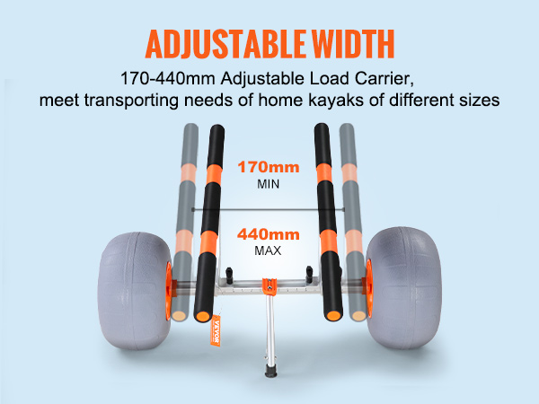 VEVOR izturīgais kajaku ratiņi ar regulējamu platumu no 170 līdz 440 mm un lieliem riteņiem dažādiem kajaku izmēriem.