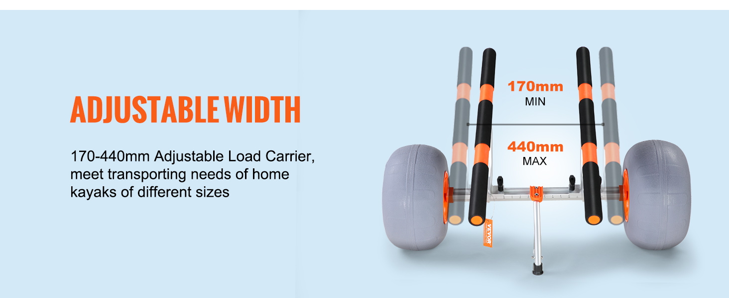 VEVOR izturīgais kajaku ratiņi ar regulējamu platumu no 170 līdz 440 mm un lieliem riteņiem dažādiem kajaku izmēriem.