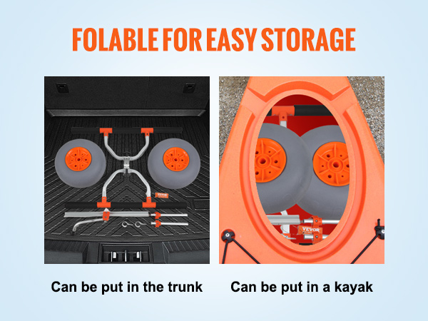 VEVOR izturīgie kajaku ratiņi, salocīti ērtai uzglabāšanai, attēloti automašīnas bagāžniekā un kajaka iekšpusē.