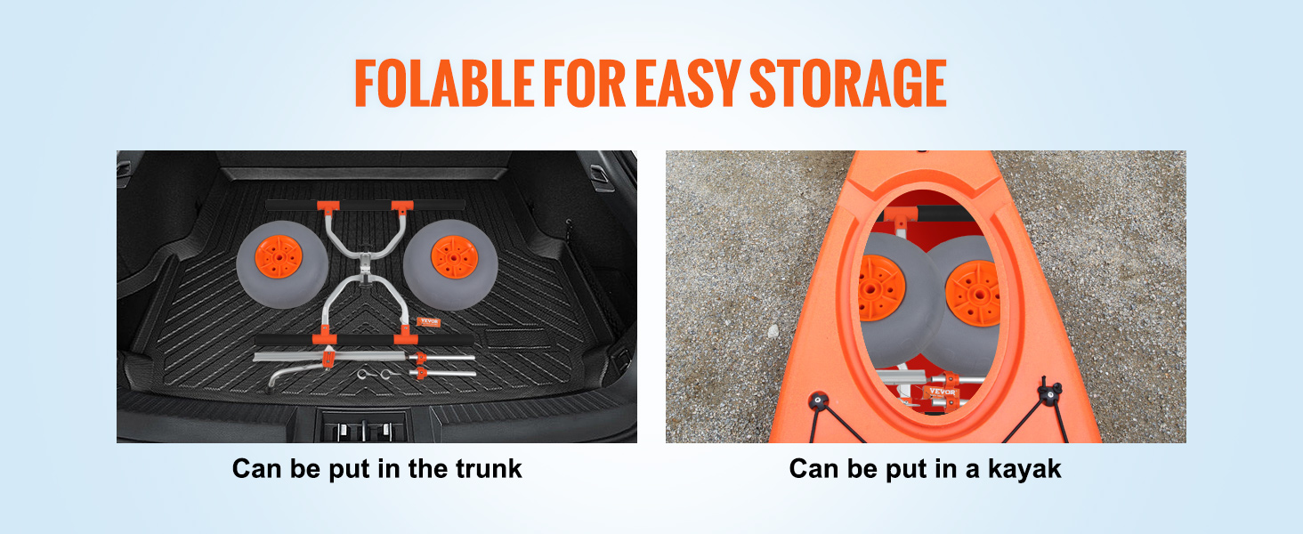 VEVOR izturīgie kajaku ratiņi, salocīti ērtai uzglabāšanai, attēloti automašīnas bagāžniekā un kajaka iekšpusē.