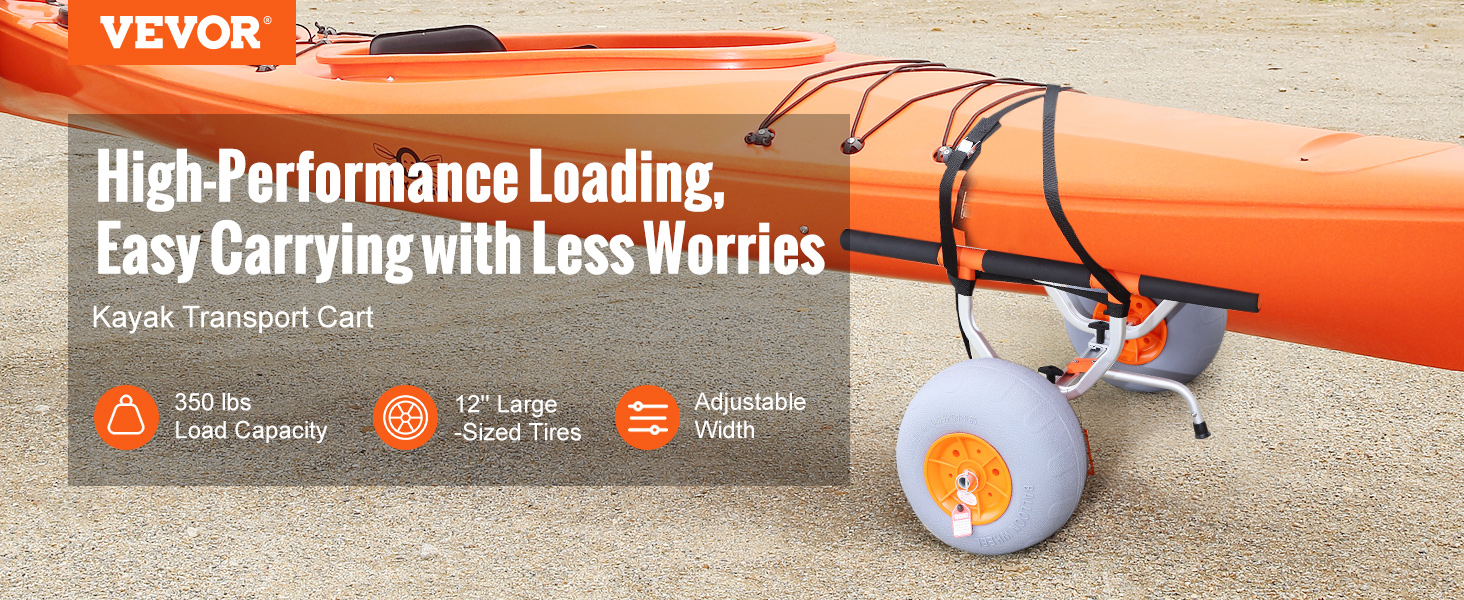 VEVOR heavy duty kayak cart with 350 lbs load capacity, 12" tires, and adjustable width in action.