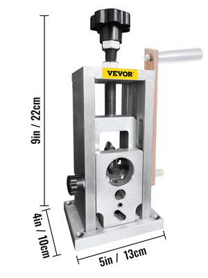 VEVOR wire stripping machine with dimensions 9in/22cm height, 4in/10cm width, 5in/13cm depth.